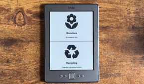 Kindle Eink display showing a Home Assistant dashboard with Monstera soil moisture at 23 percent and a Recycling collection reminder for tomorrow morning.