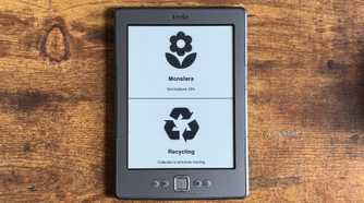 Kindle Eink display showing a Home Assistant dashboard with Monstera soil moisture at 23 percent and a Recycling collection reminder for tomorrow morning.
