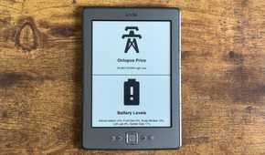 Kindle Eink display showing a Home Assistant dashboard with the current Octopus electricity price and Battery Levels for Kitchen Motion Front Door Study Window Loft Leak and Garden Gate sensors.