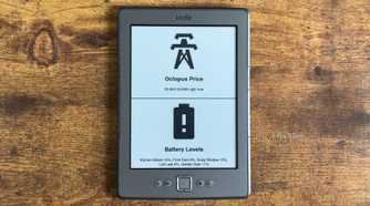 Kindle Eink display showing a Home Assistant dashboard with the current Octopus electricity price and Battery Levels for Kitchen Motion Front Door Study Window Loft Leak and Garden Gate sensors.