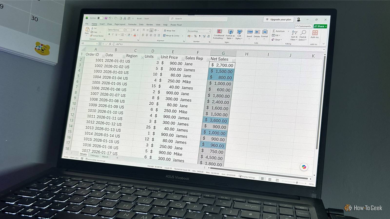 Laptop screen showing a calculated column selected in an Excel dataset in a regular range.