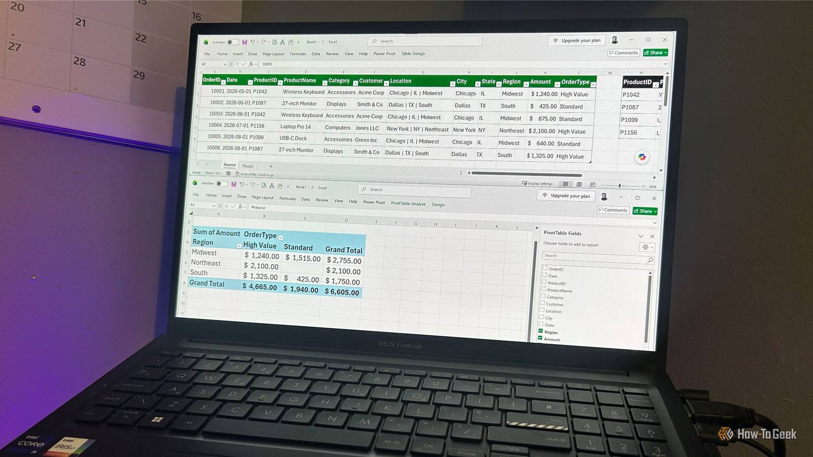 Laptop screen showing two windows of the same Excel workbook. One is a source table and the other is a PivotTable.