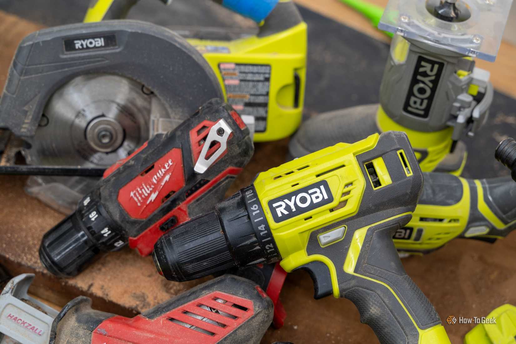 Milwaukee M12 and RYOBI ONE+ drill driver size comparison.
