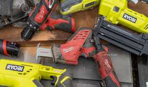 Milwaukee M12 drill driver and Hackzall surrounded by RYOBI ONE+ tools.