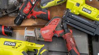 Milwaukee M12 drill driver and Hackzall surrounded by RYOBI ONE+ tools.