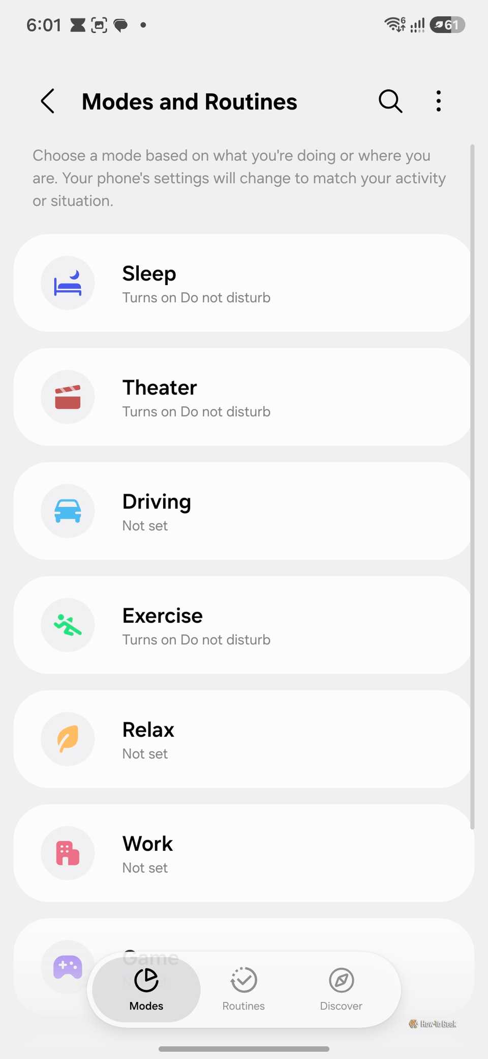 Modes and Routines screen listing the built-in Sleep, Theater, Driving, Exercise, Relax, and Work modes.