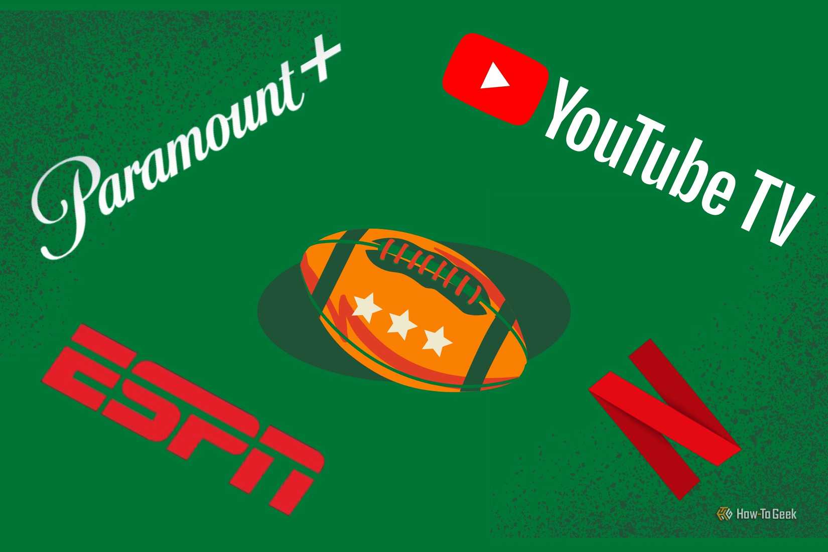 Logos for Paramount+, YouTube TV, ESPN, and Netflix in front of a custom background.