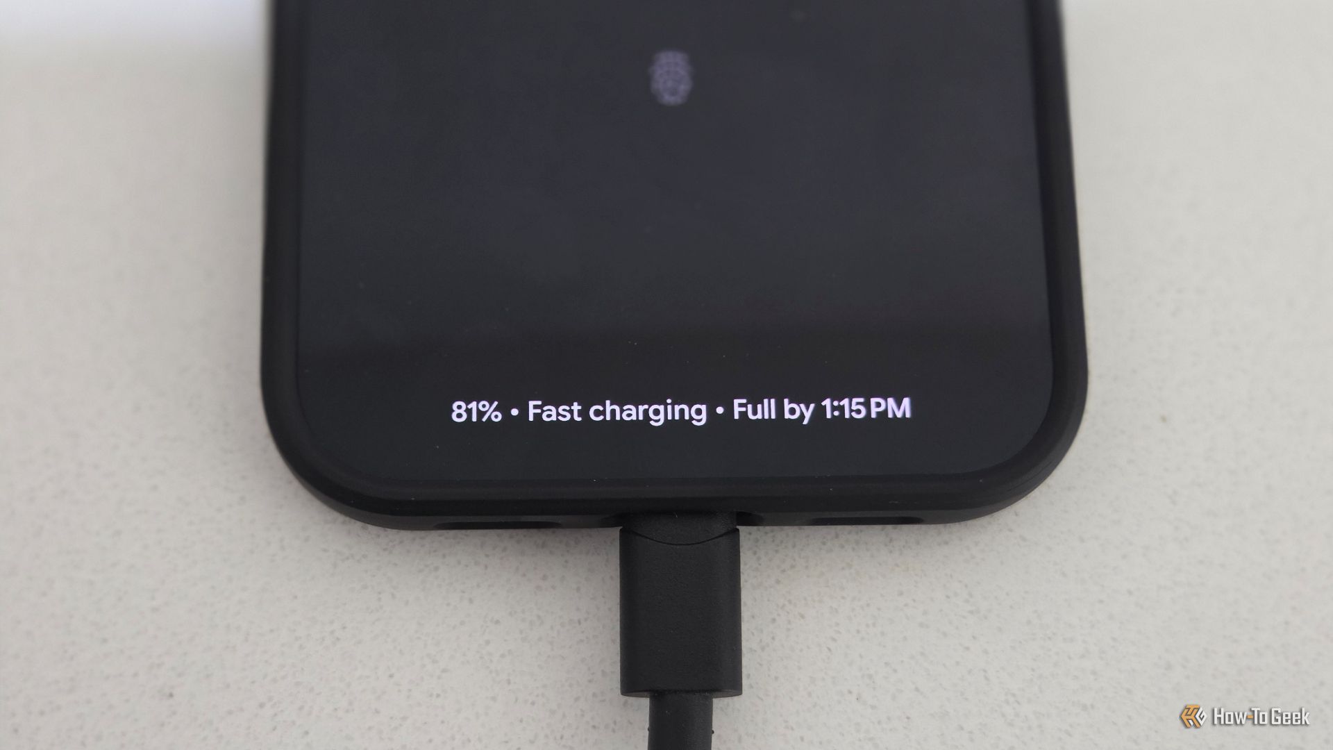 Pixel 11 Pro fast charging and showing that the phone will be full at 1:15pm.
