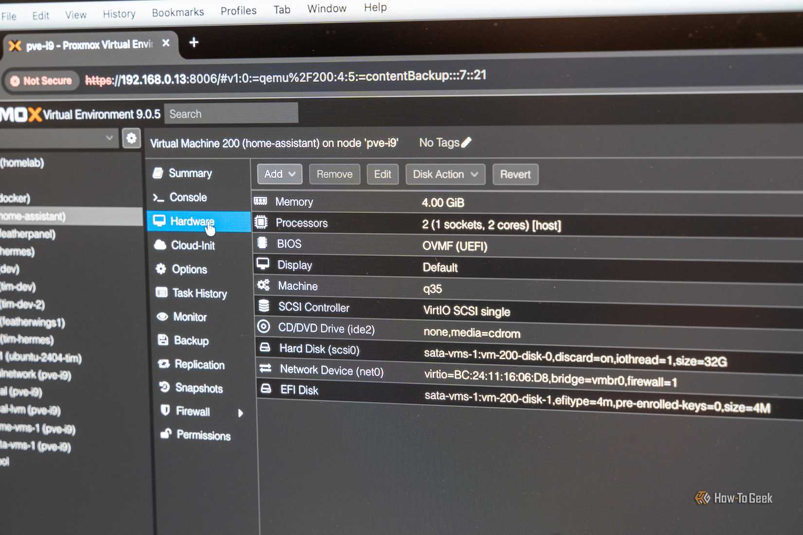 Proxmox VE Home Assistant virtual machine hardware configuration with OVMF and q35.