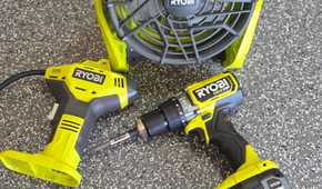 Ryobi tools on a garage floor
