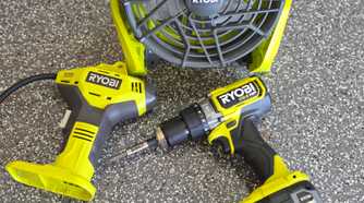 Ryobi tools on a garage floor