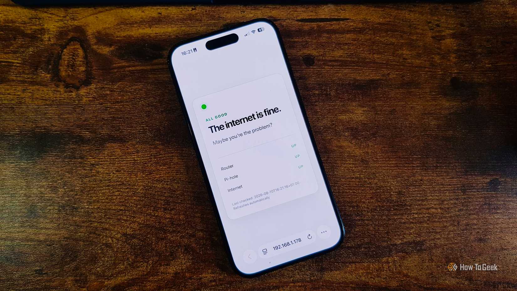 Self hosted internet status page on an iPhone reading The internet is fine and asking if the user is the problem with Router Pihole and Internet all showing Up.