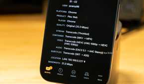 Tautulli showing Plex HEVC video EAC3 audio and SRT subtitle transcoding on iPhone.