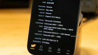 Tautulli showing Plex HEVC video EAC3 audio and SRT subtitle transcoding on iPhone.