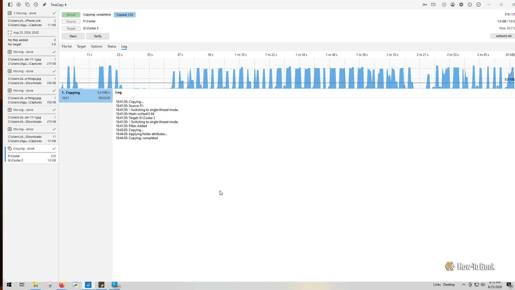 TerraCopy showing a file log