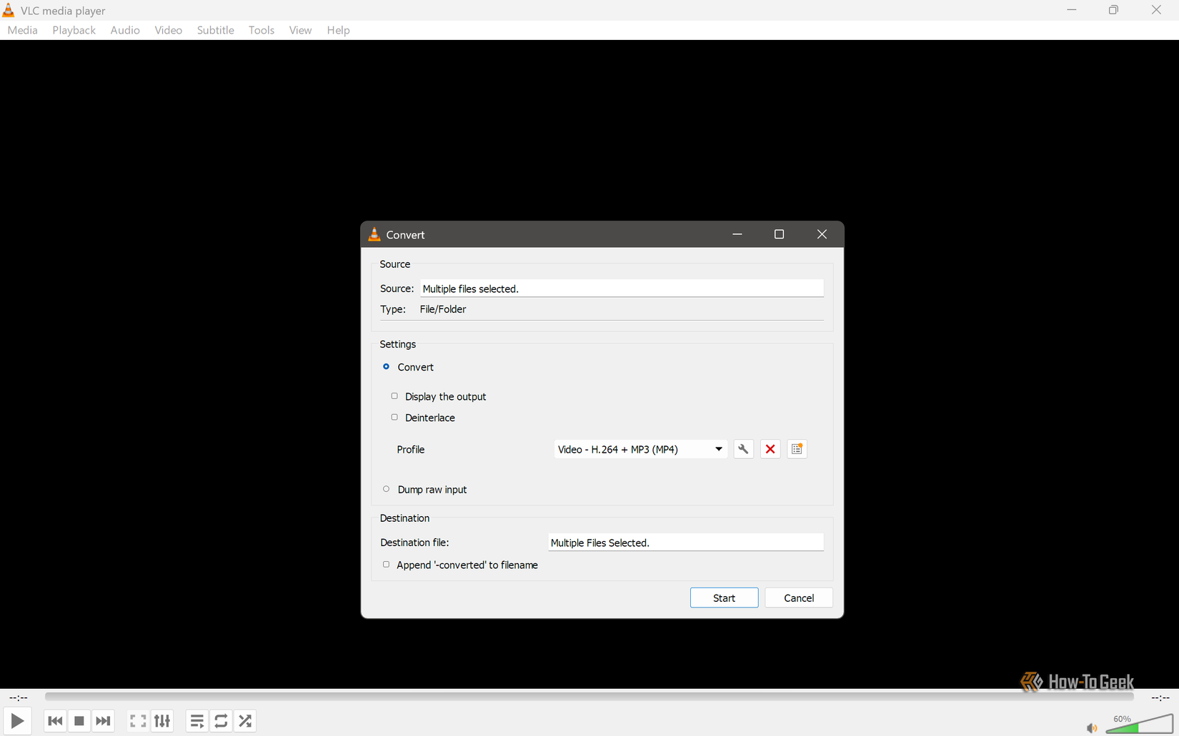 VLC media player shows the Convert dialog box with settings for batch file conversion.