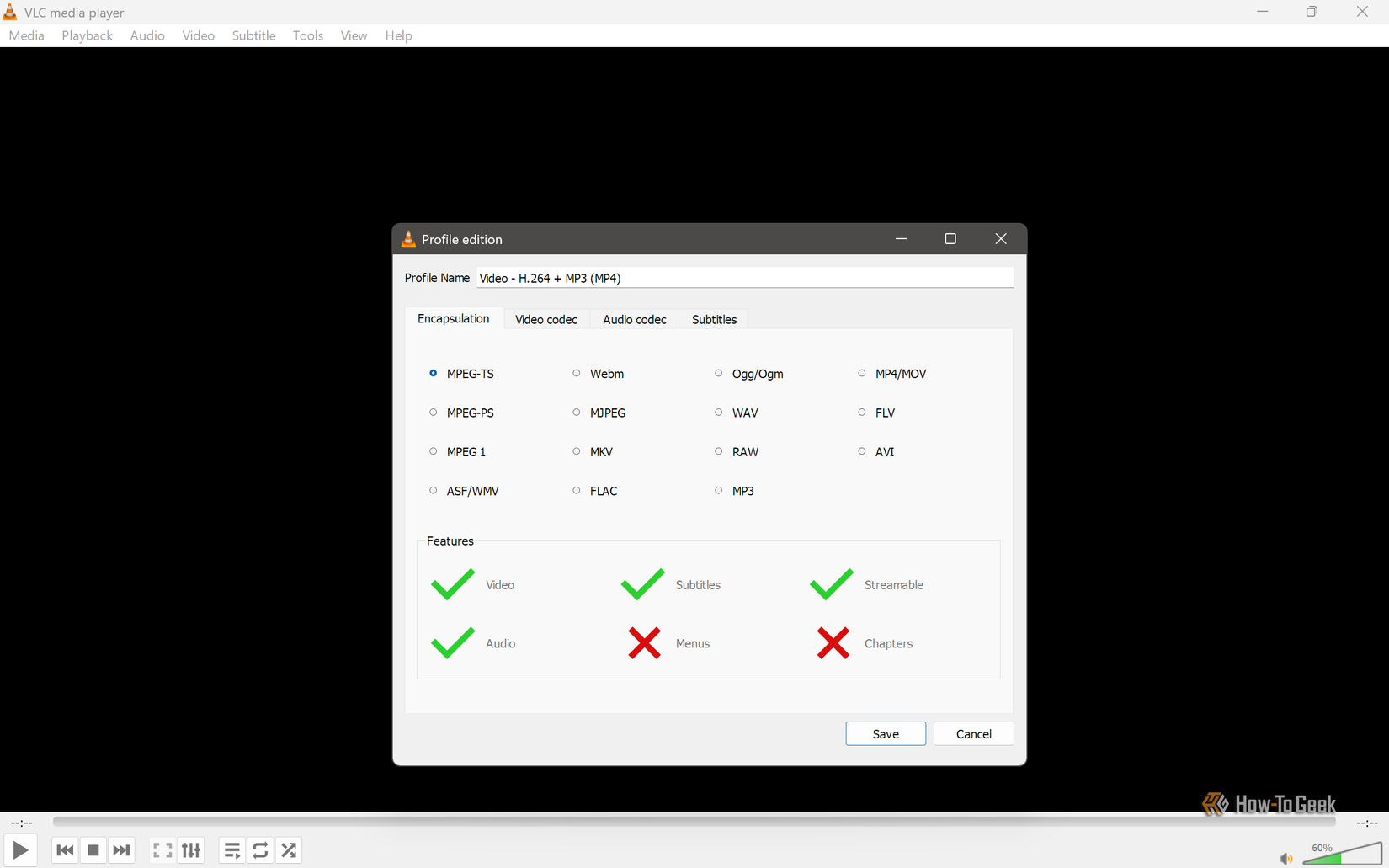 VLC profile editor Encapsulation tab with MPEG-TS selected and container features listed.