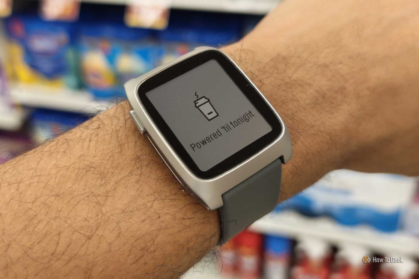A low battery indicator on a Pebble Time 2.