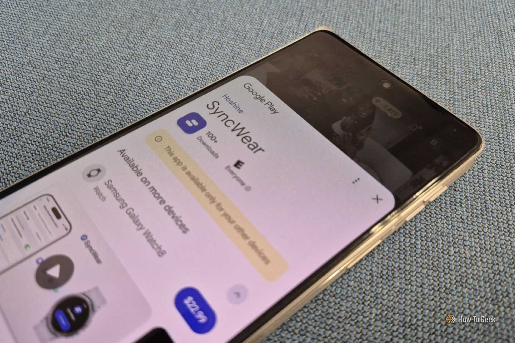 SyncWear Android app in the Play Store on a Motorola Razr Fold.