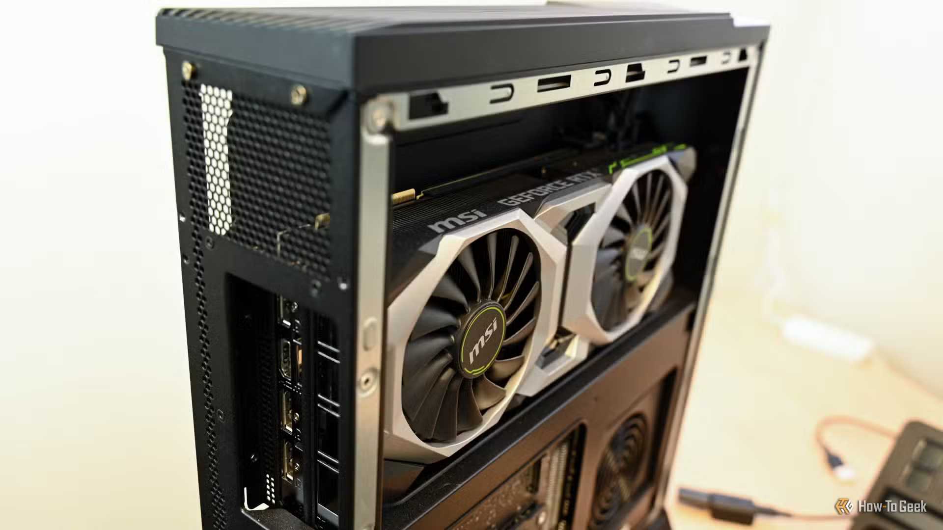 MSI Geforce RTX Graphics card inside a case.