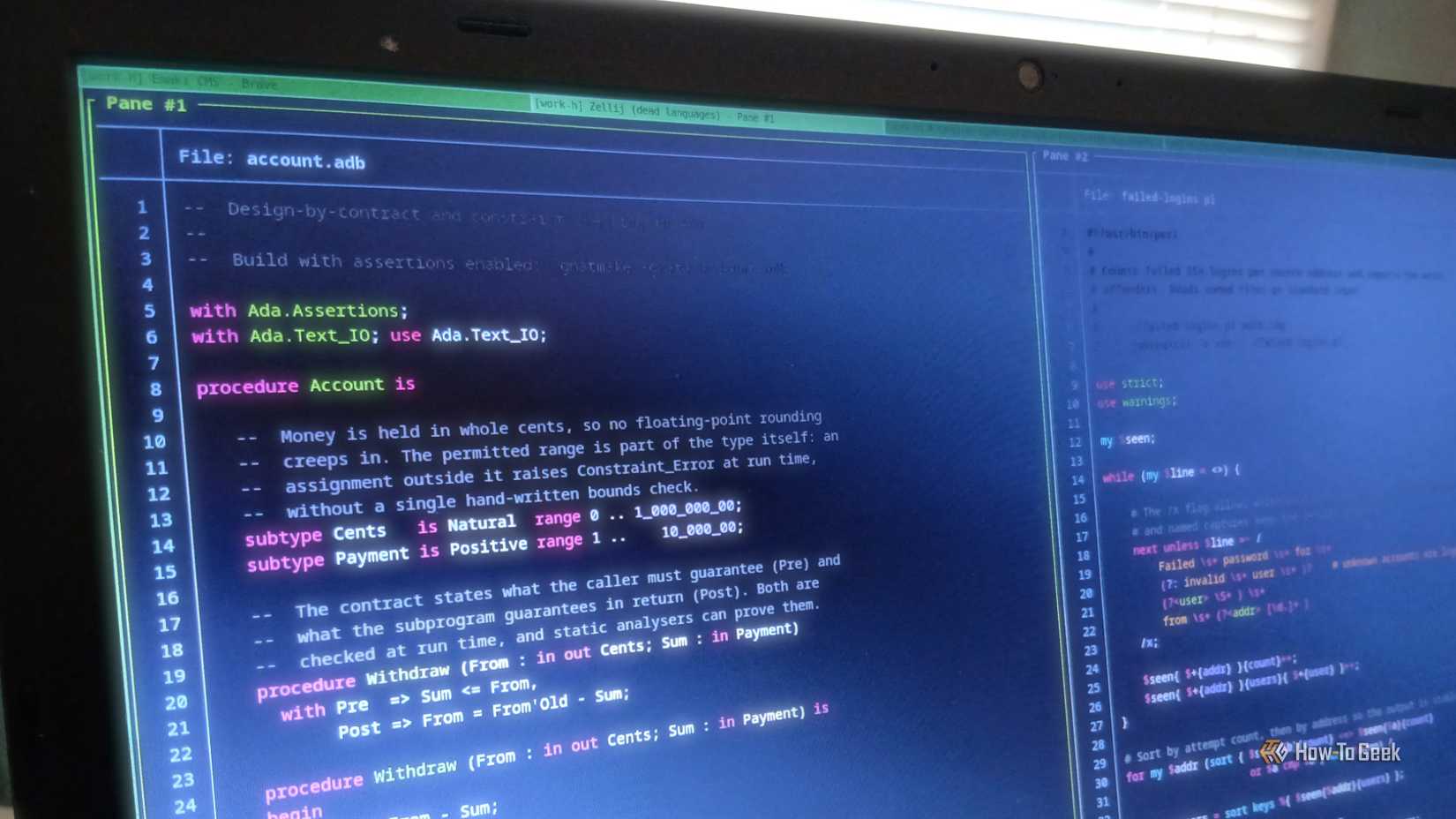 A close-up photo of a terminal window that displays Ada and Perl code.