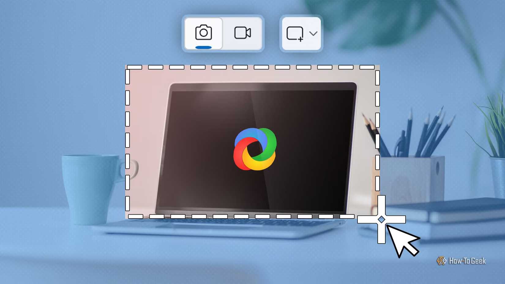 A laptop screen displaying the ShareX logo with a dashed selection box overlay and a cursor dragging the corner, simulating a screenshot capture.