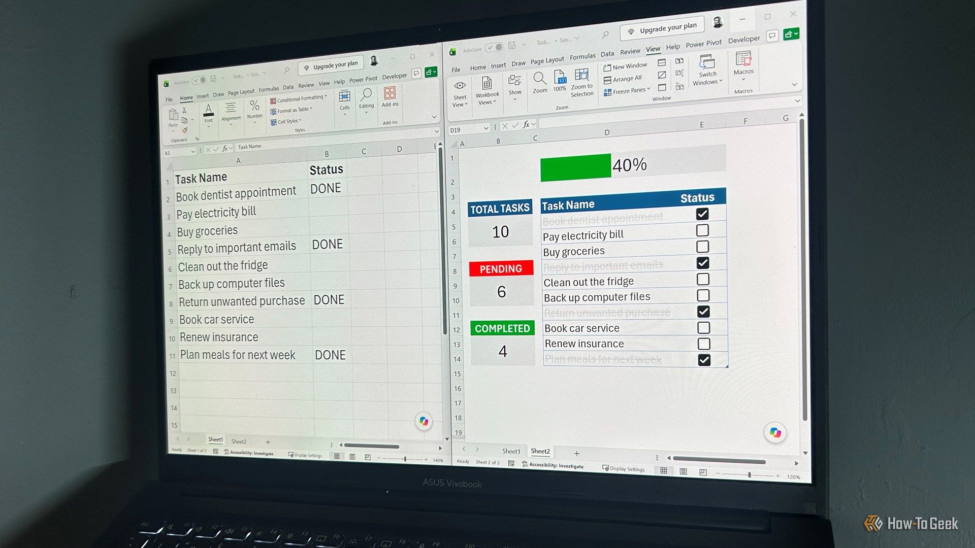 A laptop screen showing two Excel windows comparing a basic task list to a finished task tracker dashboard.