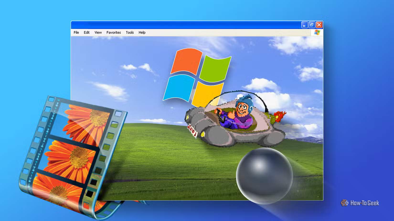 A Windows XP window with the Bliss wallpaper, the Movie Maker filmstrip logo, and the 3D Pinball ball in front. 