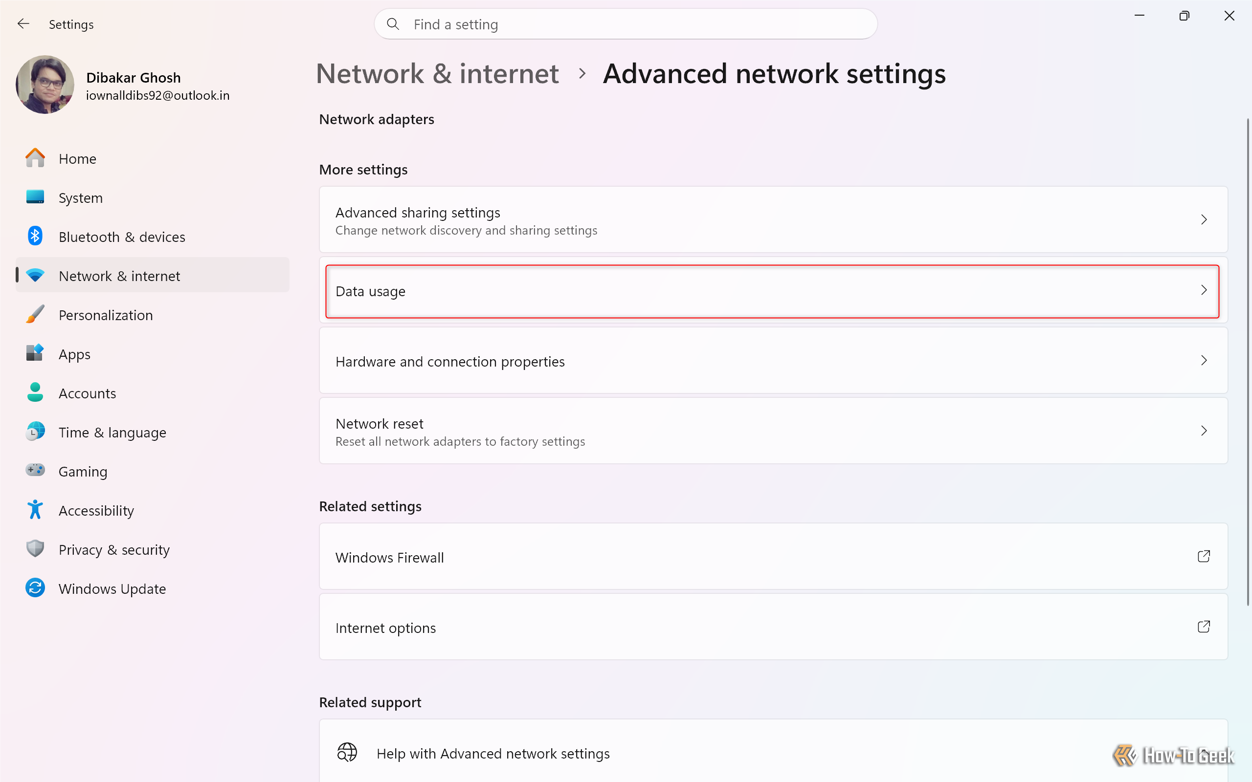 Advanced network settings page with the Data usage entry under More settings.-1