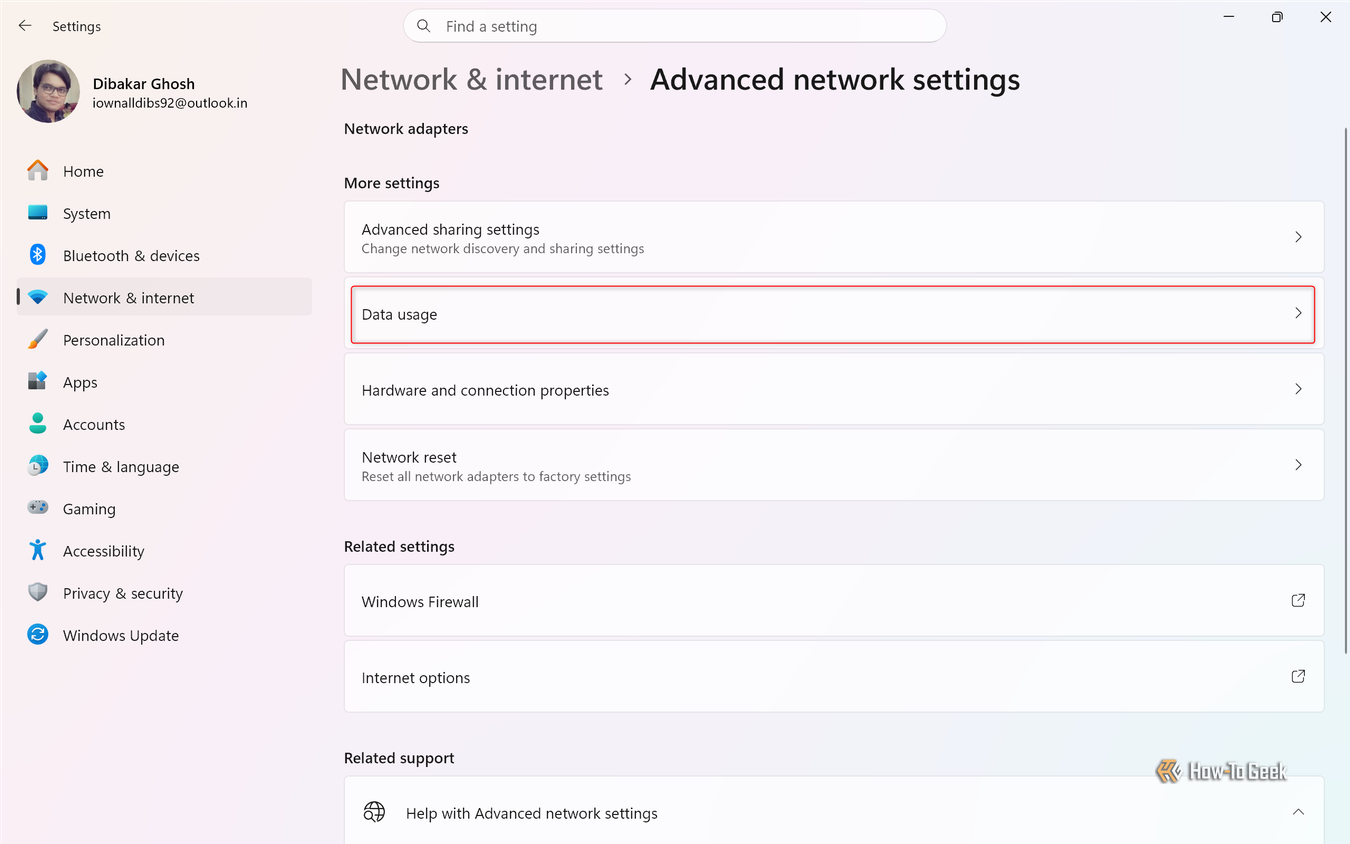 Advanced network settings page with the Data usage entry under More settings.-1