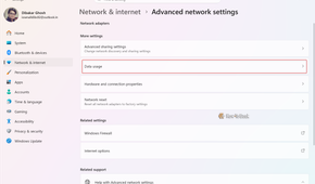 Advanced network settings page with the Data usage entry under More settings.-1