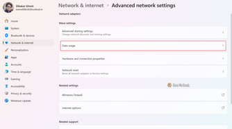 Advanced network settings page with the Data usage entry under More settings.-1