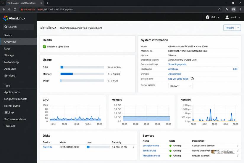 A screenshot of AlmaLinux Cockpit Server dashboard.