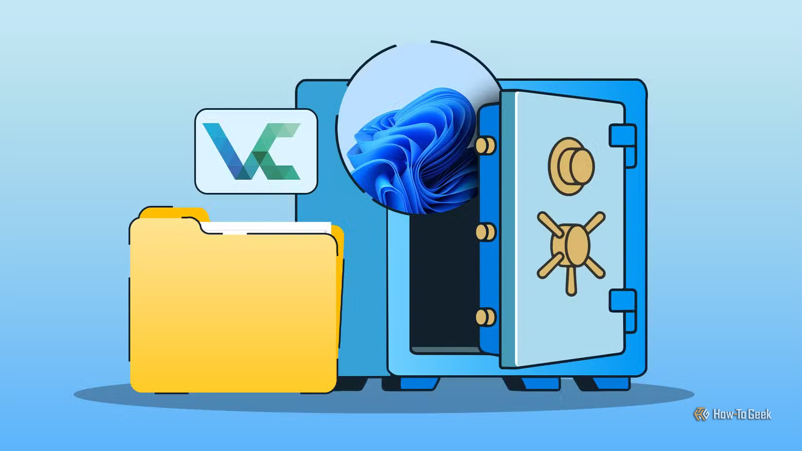An illustration of an open blue safe containing the Windows 11 logo, placed next to a file folder and the VeraCrypt icon. 