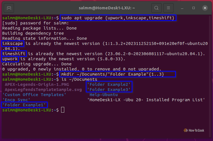 Screenshot showing brace expansions to save time typing