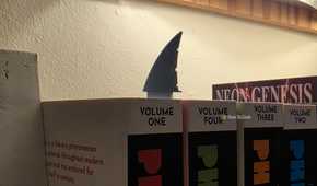 Shark-fin bookmarks protruding from several numbered book volumes on a shelf.