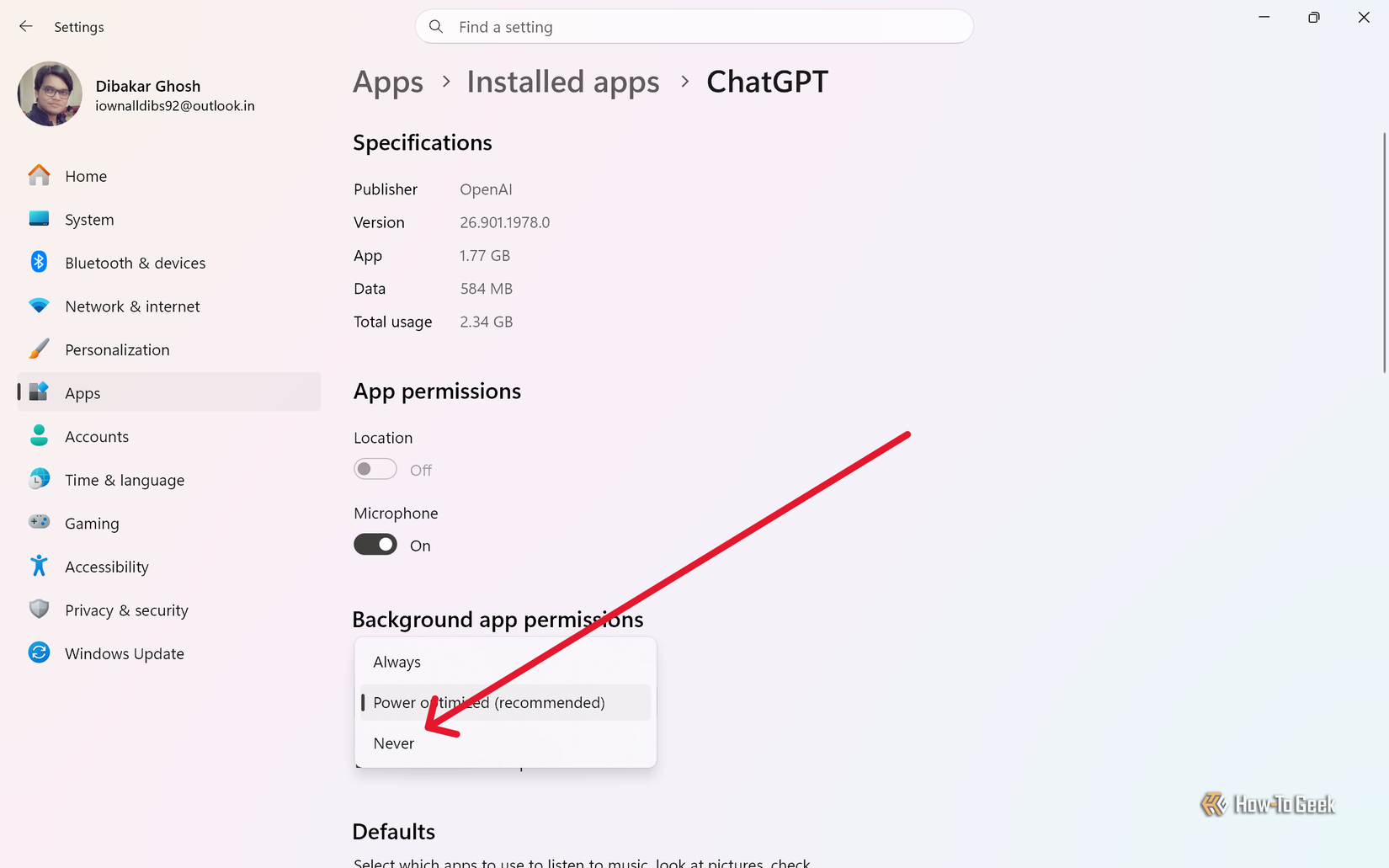 ChatGPT advanced options page with the Background app permissions dropdown open on Always, Power optimized, and Never.