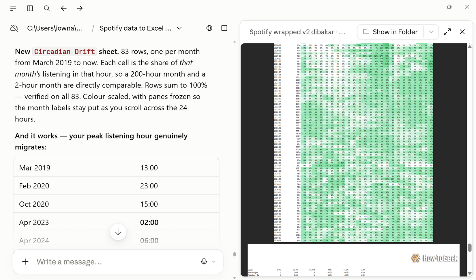 Claude explaining the Circadian Drift sheet it built, alongside a preview of the spreadsheet.