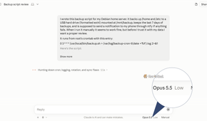 Claude reviewing a Debian backup script on Opus 5.5 at Low effort, thinking for 11 seconds.