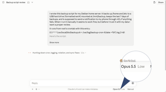 Claude reviewing a Debian backup script on Opus 5.5 at Low effort, thinking for 11 seconds.