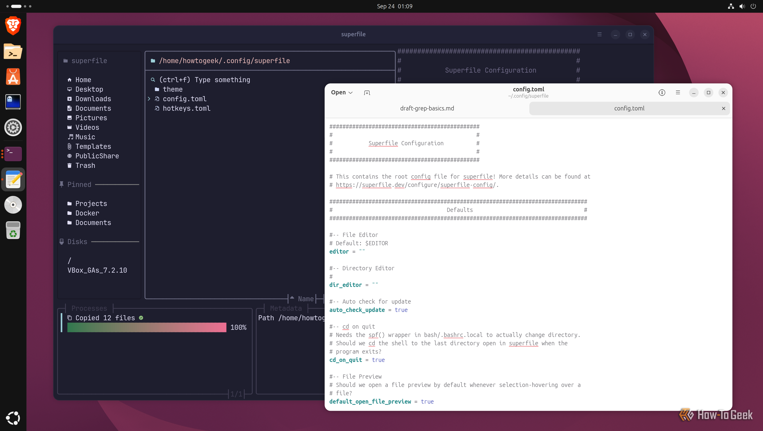 config.toml open in a text editor showing the editor, auto_check_update, and cd_on_quit settings.