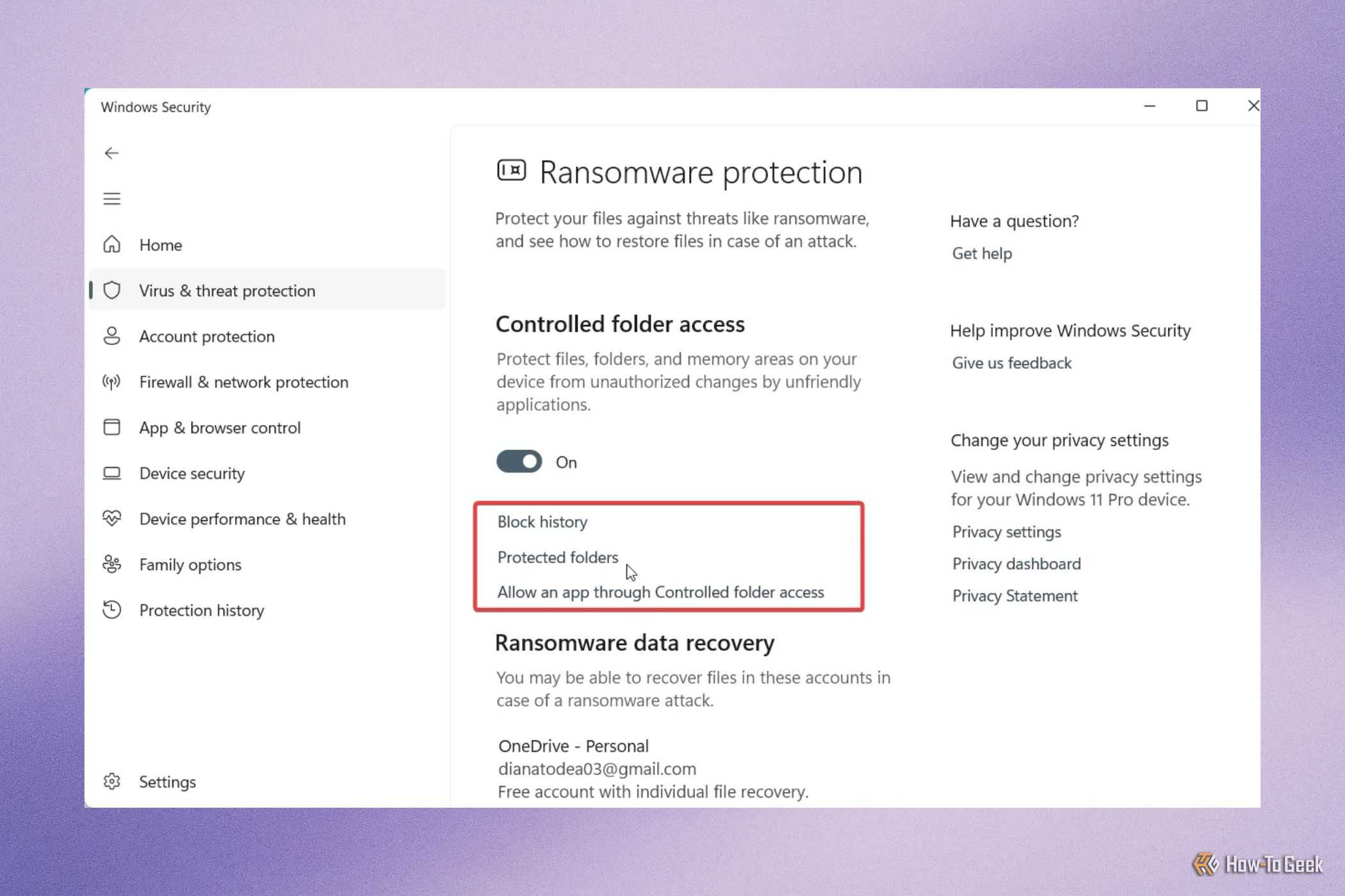 Controlled Folder Access options in Windows Security to check blocked app history, manage protected folders and allowlist selected apps.