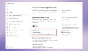 Controlled Folder Access options in Windows Security to check blocked app history, manage protected folders and allowlist selected apps.