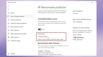 Controlled Folder Access options in Windows Security to check blocked app history, manage protected folders and allowlist selected apps.