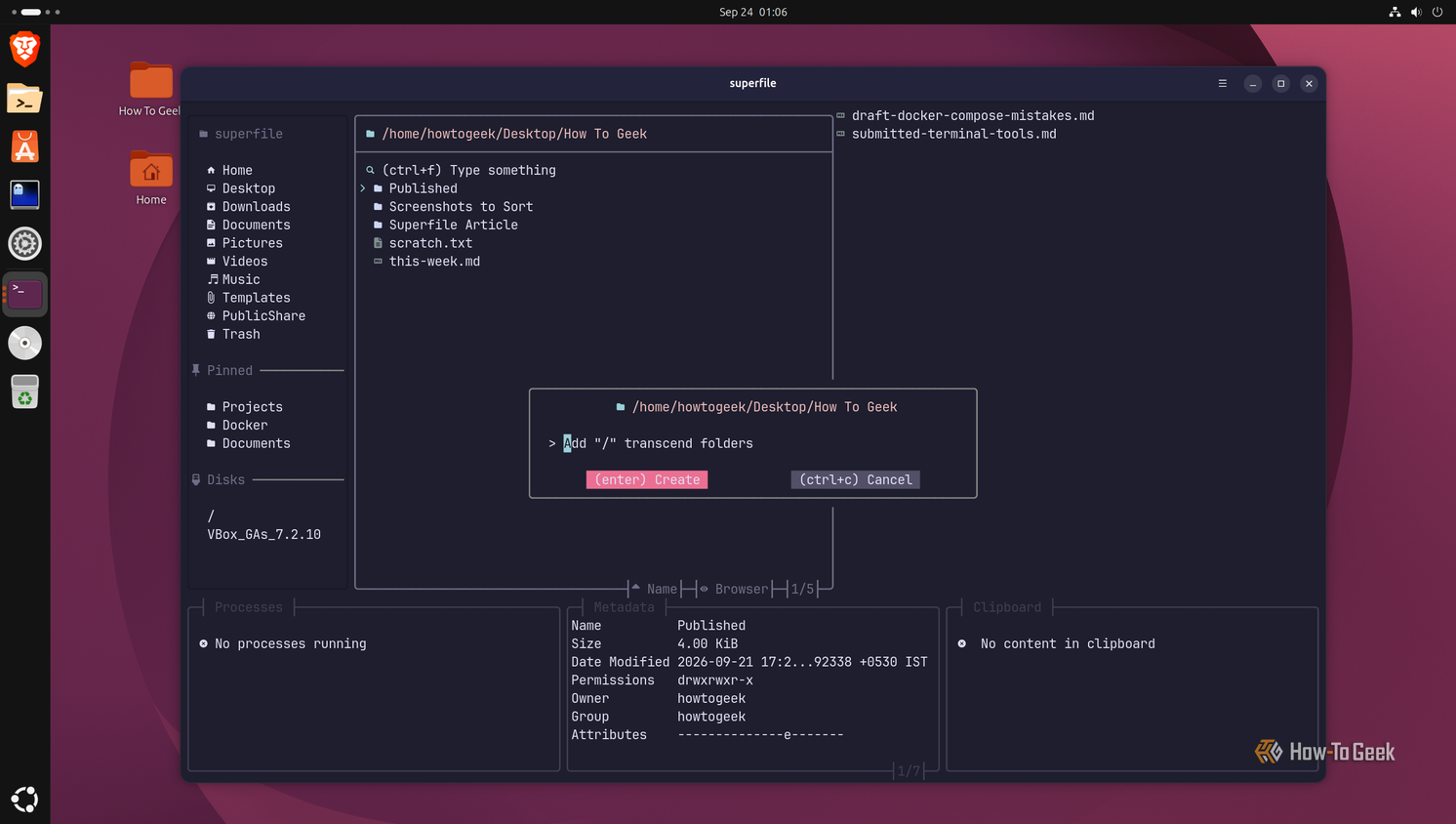 Ctrl+N create dialog in superfile with the hint to add a trailing slash to make a folder.