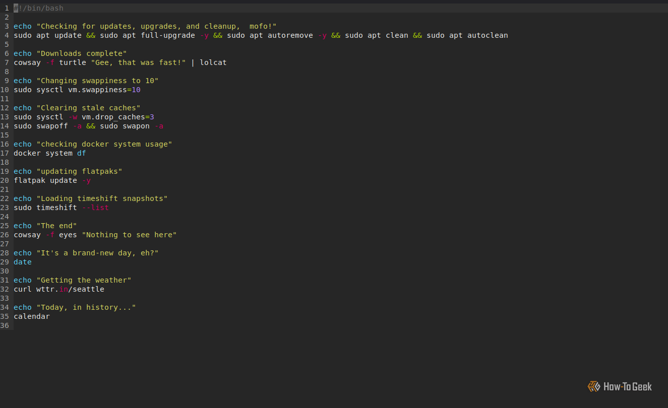 Bash shell script displaying commands for package updates (apt, flatpak), kernel memory tuning (swappiness, cache clearing), Docker storage checks, Timeshift snapshot listing, and fetching weather via wttr.in