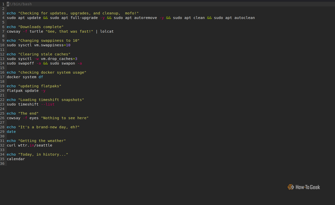 Bash shell script displaying commands for package updates (apt, flatpak), kernel memory tuning (swappiness, cache clearing), Docker storage checks, Timeshift snapshot listing, and fetching weather via wttr.in