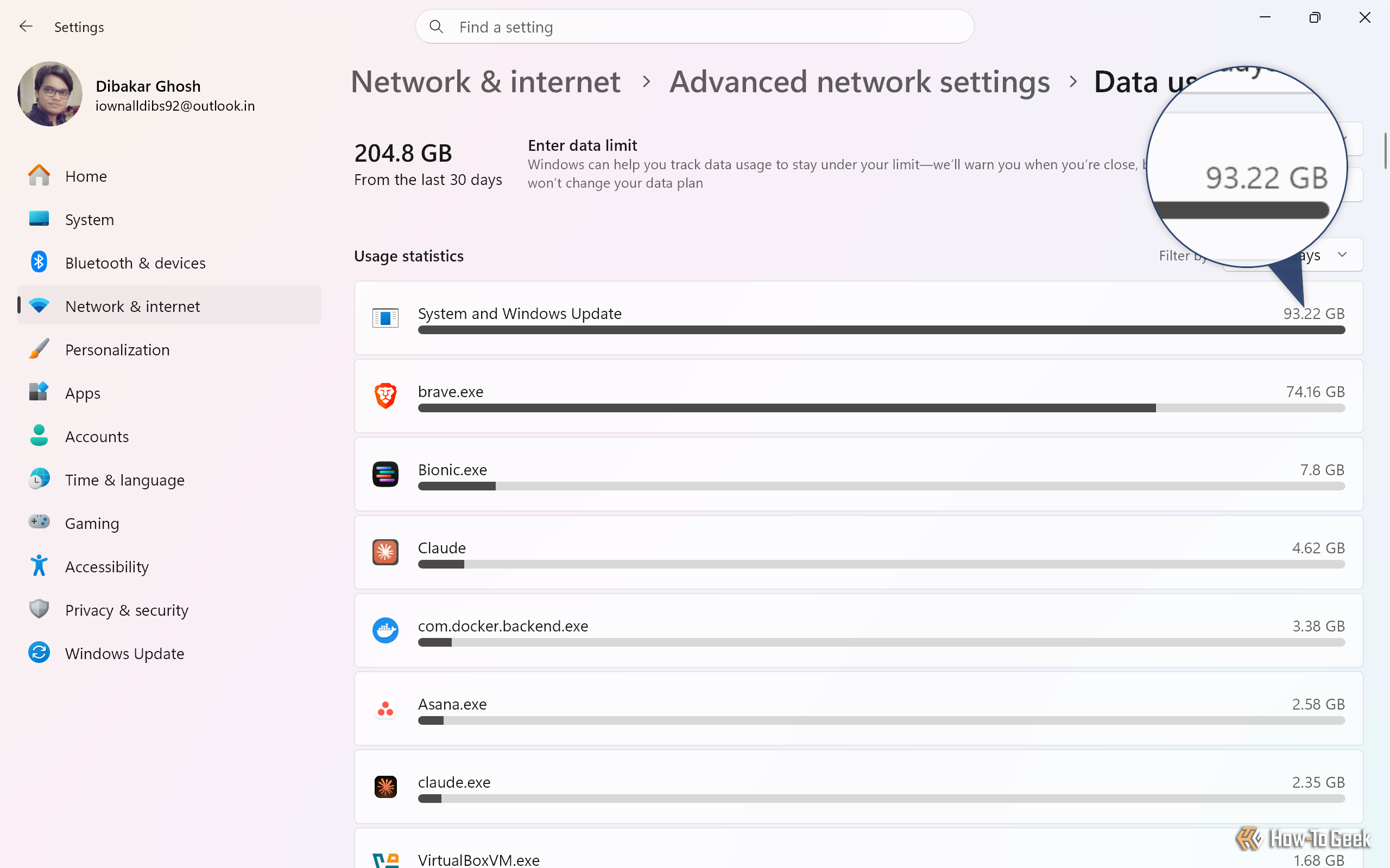 Data usage screen listing System and Windows Update at 93.22 GB followed by brave.exe at 74.16 GB over 30 days.-1