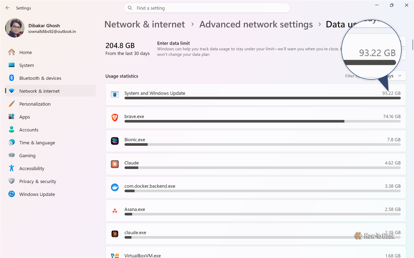 Data usage screen listing System and Windows Update at 93.22 GB followed by brave.exe at 74.16 GB over 30 days.-1