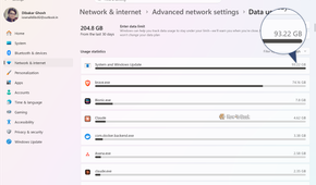 Data usage screen listing System and Windows Update at 93.22 GB followed by brave.exe at 74.16 GB over 30 days.-1